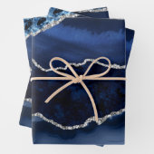 Blauw en Faux Silver Glitter Marble Agate Inpakpapier Vel (In situ)