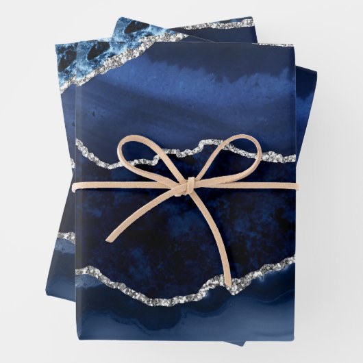 Blauw en Faux Silver Glitter Marble Agate Inpakpapier Vel (In situ)