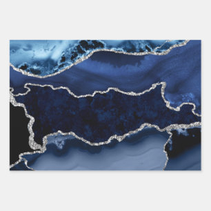 Blauw en Faux Silver Glitter Marble Agate Inpakpapier Vel