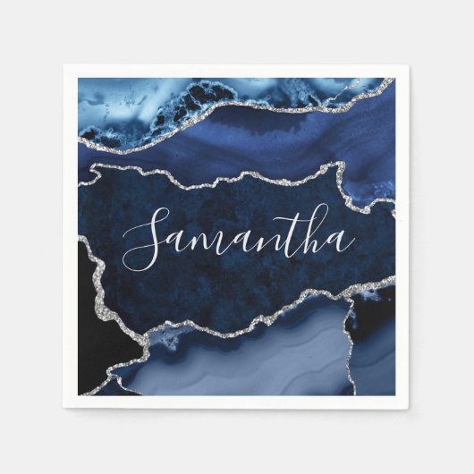 Blauw en Faux Silver Glitter Marble Agate Servet (Voorkant)