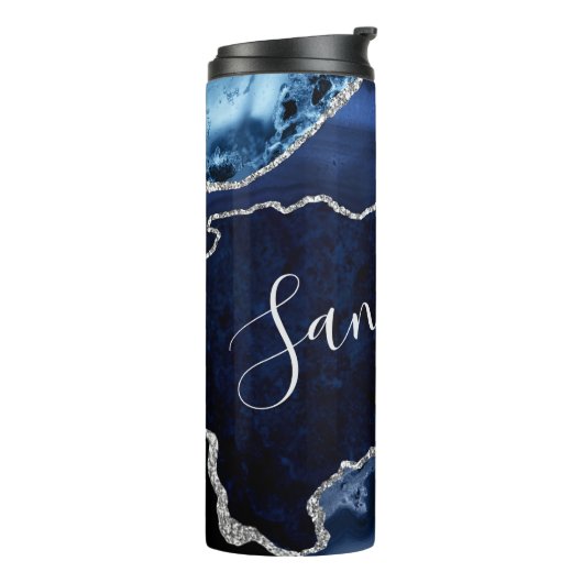 Blauw en Faux Silver Glitter Marble Agate Thermosbeker (Gedraaid links)