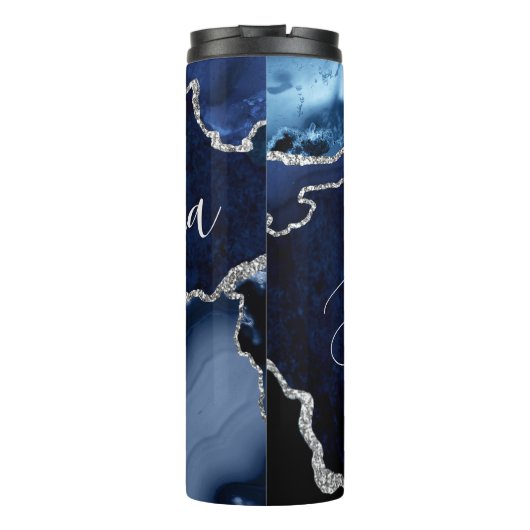 Blauw en Faux Silver Glitter Marble Agate Thermosbeker (Achterkant)