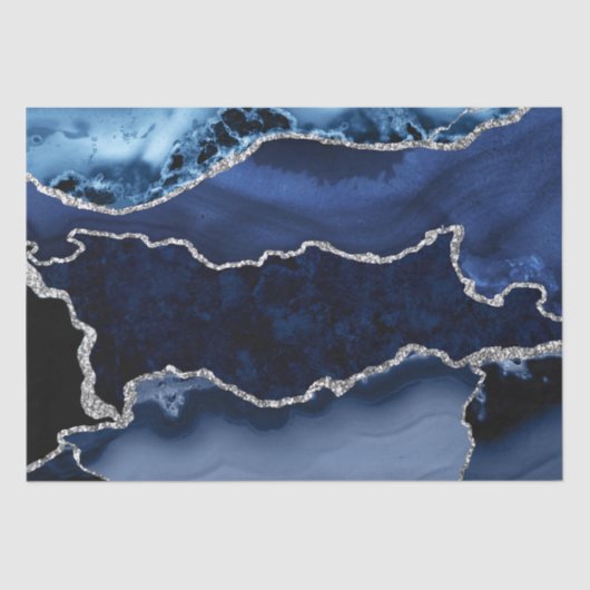 Blauw en Faux Silver Glitter Marble Agate Tissuepapier (Voorkant)