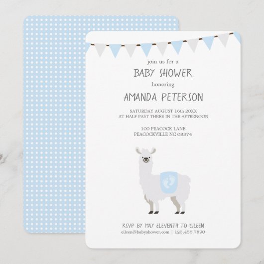 Blauw en gebroken wit geslacht Neutraal Llama Baby Kaart (Voorkant / Achterkant)