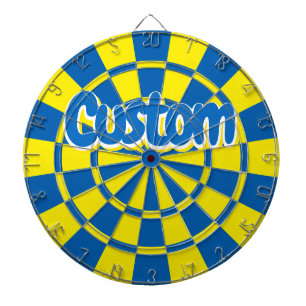 Blauw en Geel Aanpasbare Tekst met Witte Omlijning Dartbord