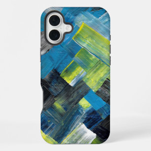 Blauw en Geel Abstracte Penseelstreek Geometrisch iPhone 16 Plus Hoesje