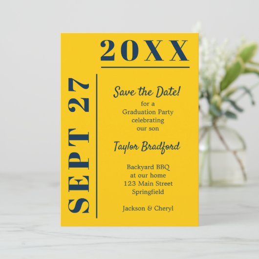 Blauw en geel Afstuderen Save The Date (Staand voorkant)