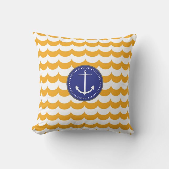 Blauw en geel anker met Waves Pattern Kussen (Voorkant)