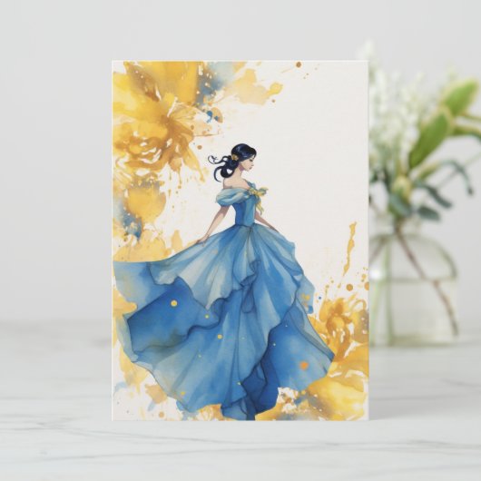 Blauw en Geel Aquarel Quinceanera Uitnodiging (Staand voorkant)
