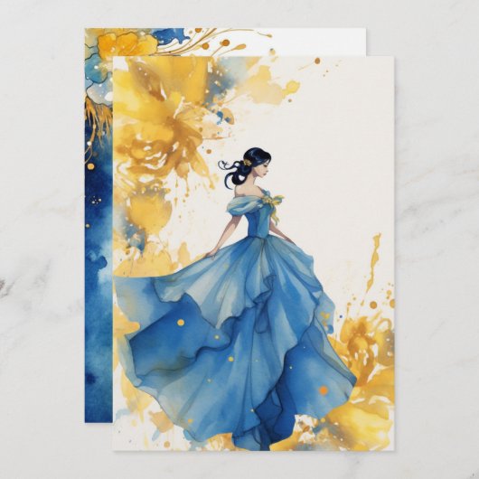 Blauw en Geel Aquarel Quinceanera Uitnodiging (Voorkant / Achterkant)