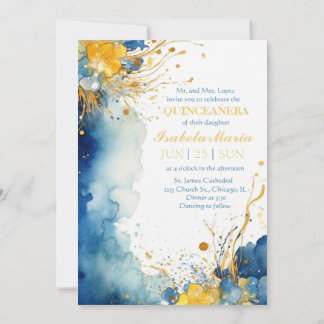 Blauw en Geel Aquarel Quinceanera Uitnodiging