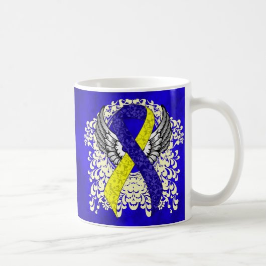 Blauw en Geel Awareness Ribbon met Wings Koffiemok (Rechts)