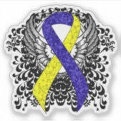 Blauw en Geel Awareness Ribbon met Wings Sticker (Voorkant)