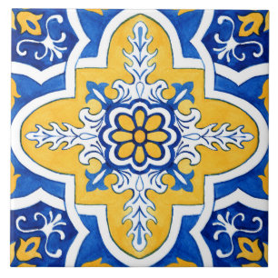Blauw en geel Azulejo stijl keramische Tegel. Tegeltje