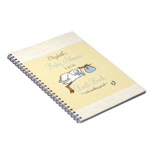 Blauw en geel Baby shower Stork Guest Book Notitieboek (Rechterzijde)