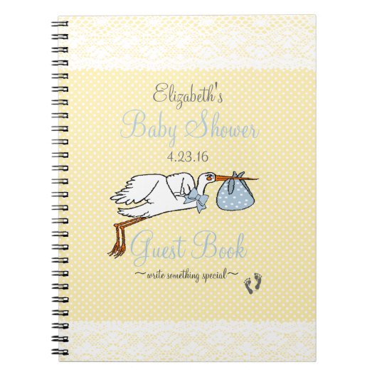 Blauw en geel Baby shower Stork Guest Book Notitieboek (Voorkant)