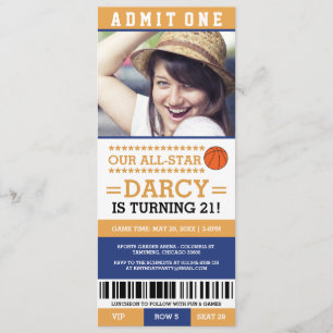Blauw en geel Basketbal Ticket Verjaardag Uitnodig Kaart
