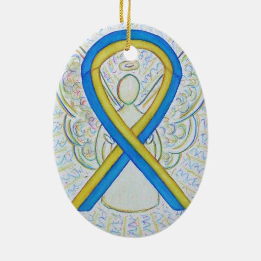 Blauw en geel bewustzijn Ribbon Angel Ornament (Achterkant)