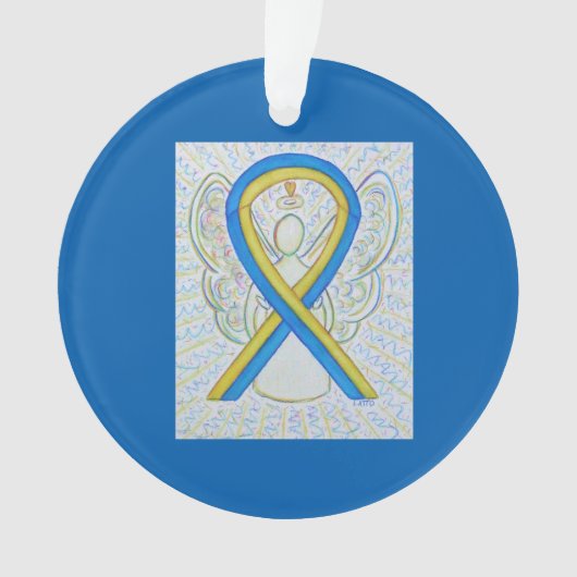 Blauw en geel bewustzijn Ribbon Angel-siervoorwerp Ornament (voorkant)