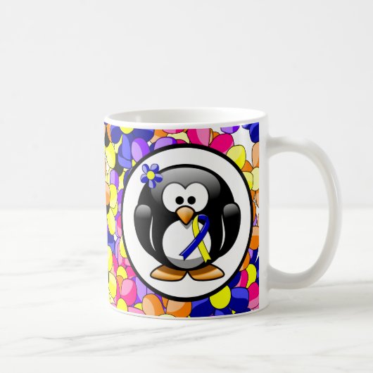 Blauw en geel bewustzijn Ribbon Penguin Koffiemok (Rechts)
