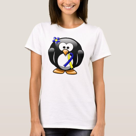 Blauw en geel bewustzijn Ribbon Penguin T-shirt (Voorkant)