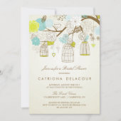 BLAUW EN GEEL BIRDCAGES BRIDAL SHOWER INVITATIE KAART (Voorkant)
