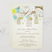 BLAUW EN GEEL BIRDCAGES BRIDAL SHOWER INVITATIE KAART (Voorkant / Achterkant)