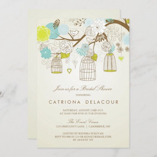 BLAUW EN GEEL BIRDCAGES BRIDAL SHOWER INVITATIE KAART (Voorkant / Achterkant)