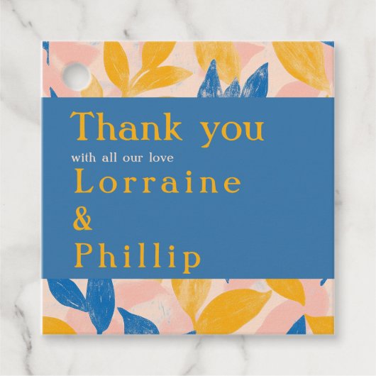 Blauw en Geel Bladige Botanische bruiloft dank u Bedankjes Labels (Voorkant)