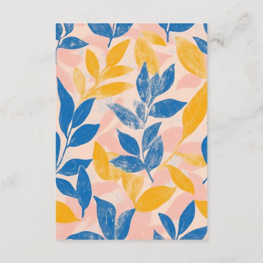 Blauw en Geel Bladige Lithografie Wedding Details Informatiekaartje (Achterkant)