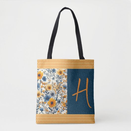  blauw en geel  bloemen aanpassen tote bag (Voorkant)