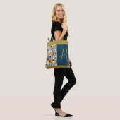  blauw en geel  bloemen aanpassen tote bag (Op model)