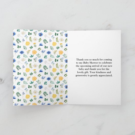 Blauw en Geel Bloemen Baby shower Bedankkaart (Binnen)
