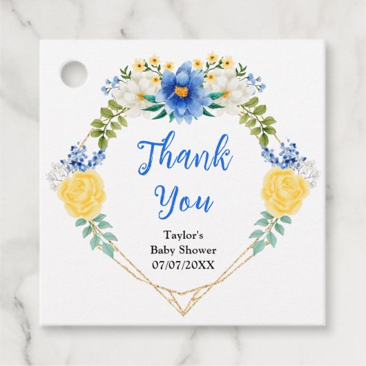 Blauw en Geel Bloemen Baby shower Dank u Bedankjes Labels (Voorkant)
