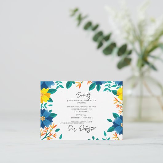 Blauw en Geel Bloemen Elegante Trouwdetails Informatiekaartje (Staand voorkant)