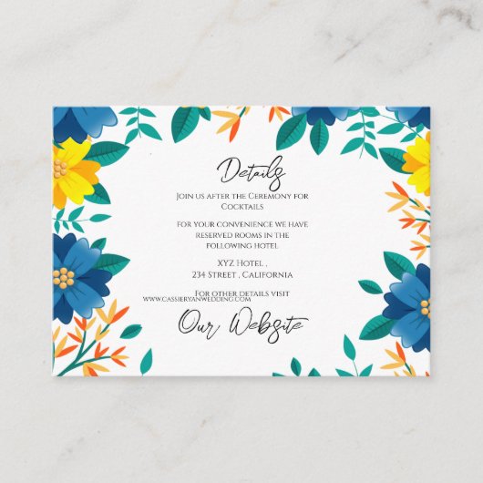 Blauw en Geel Bloemen Elegante Trouwdetails Informatiekaartje (Voorkant)