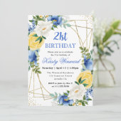 Blauw en Geel Bloemen Goud Lijst 21e Verjaardag Kaart (Staand voorkant)