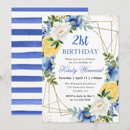 Blauw en Geel Bloemen Goud Lijst 21e Verjaardag Kaart (Voorkant / Achterkant)