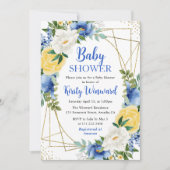 Blauw en Geel Bloemen Goud Lijst Baby shower Kaart (Voorkant)