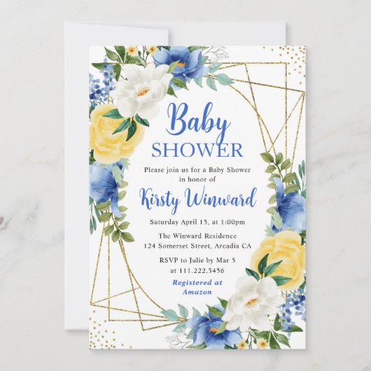 Blauw en Geel Bloemen Goud Lijst Baby shower Kaart (Voorkant)