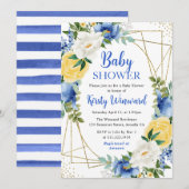 Blauw en Geel Bloemen Goud Lijst Baby shower Kaart (Voorkant / Achterkant)