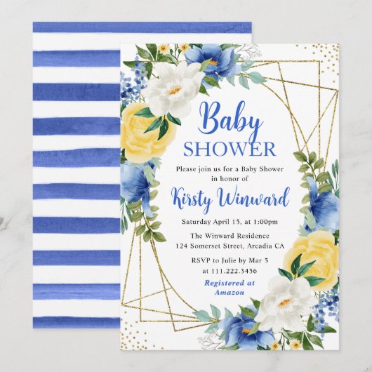 Blauw en Geel Bloemen Goud Lijst Baby shower Kaart (Voorkant / Achterkant)