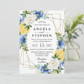 Blauw en Geel Bloemen Goud Lijst Bruiloft Kaart (Staand voorkant)