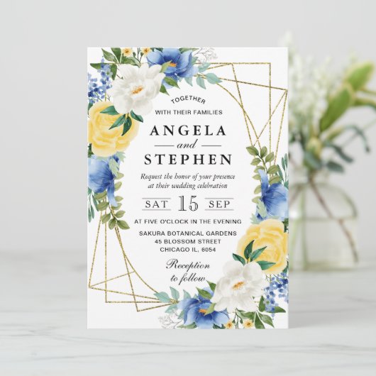 Blauw en Geel Bloemen Goud Lijst Bruiloft Kaart (Staand voorkant)