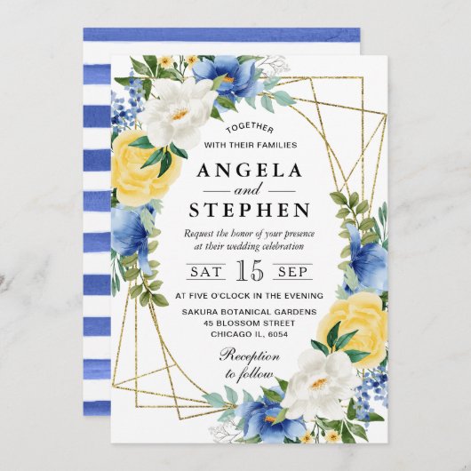 Blauw en Geel Bloemen Goud Lijst Bruiloft Kaart (Voorkant / Achterkant)