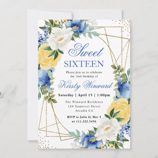 Blauw en Geel Bloemen Goud Lijst Sweet 16 Kaart (Voorkant)
