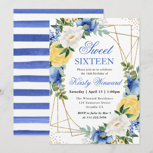 Blauw en Geel Bloemen Goud Lijst Sweet 16 Kaart (Voorkant / Achterkant)