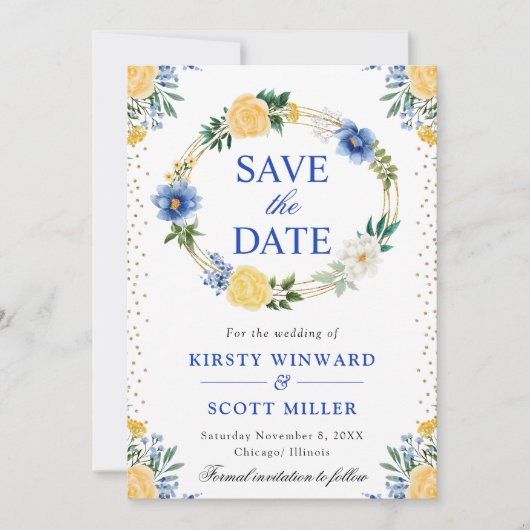 Blauw en Geel Bloemen Krans Bruiloft Save The Date (Voorkant)