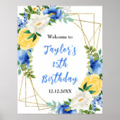 Blauw en Geel Bloemen Verjaardagsfeest Welkomstbor Poster (Voorkant)