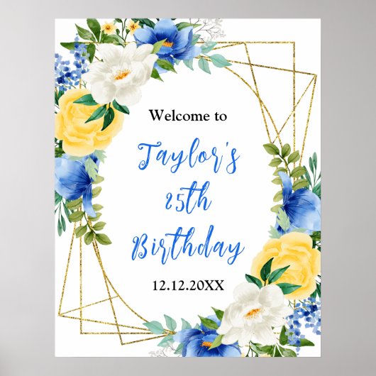 Blauw en Geel Bloemen Verjaardagsfeest Welkomstbor Poster (Voorkant)